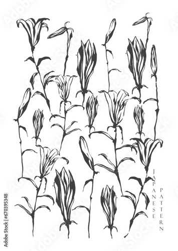 Lily flower element. Vector background. Minimalistic abstract floral pattern. Modern print in black color on a light background. Ideal for covers, cards, invitations and posters.