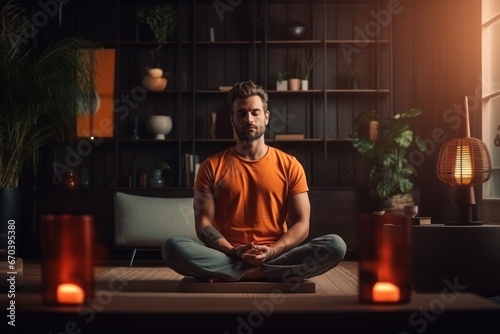 Healthy serene young man meditating at home, relaxing body and mind sitting on floor in living room. Mental health and meditation for no stress.