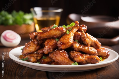 stack of honey bbq chicken wings on a ceramic plate