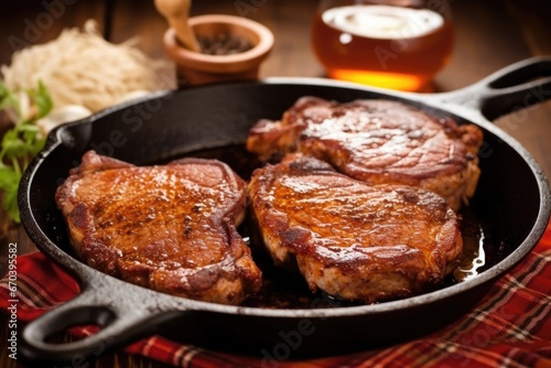 a pair of seasoned and sauced pork chops