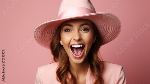Smiling woman in pink hat on colored background.