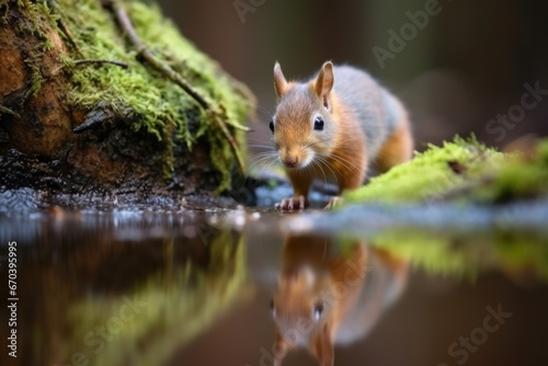 a squirrel drinking from a small puddle in a forest