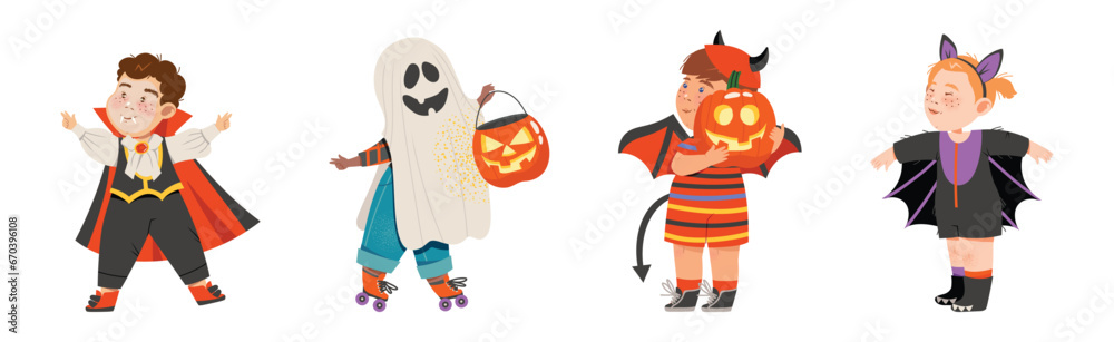 Little Kids in Halloween Costume and Dress Vector Set
