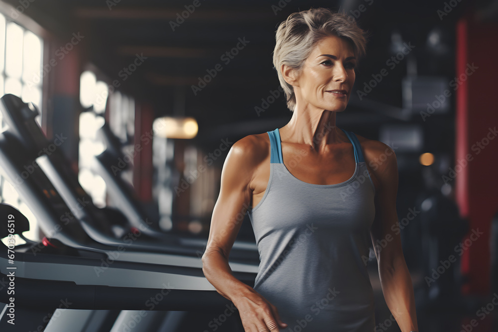 Fototapeta premium Athletic elderly woman on treadmill in a gym, doing cardio before workout