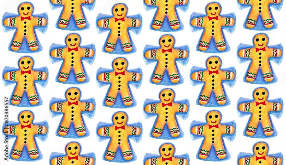 Pattern of gingerbread men making snow angels on a white background. Drawing with colored pencils. Gingerbread of various orange and yellow shades. Decor from red, green, black glaze. Bow tie, smile.