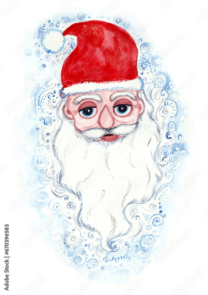 Stylized portrait of Santa Claus. Face, beard and red hat. Around are decorative elements of various shades of blue. Round blue eyes. Nose drop. Watercolor drawing isolated on white background.