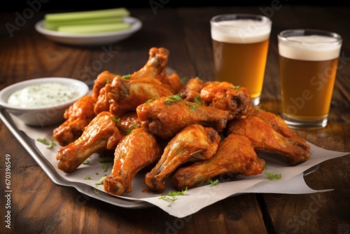 spicy buffalo wings, ipa beer, ranch dressing on paper