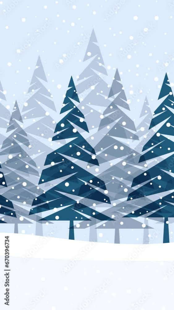 Snowfall in the mountains. Falling snowflakes on the forest. Animation of a winter background.