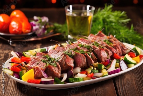 platter of lamb skewers surrounded by colorful vegetables