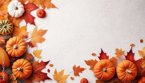 A warm and inviting fall background with orange pumpkins and colorful leaves