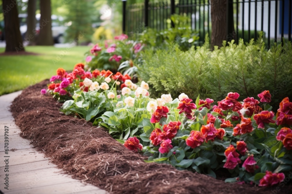 a mulch-covered flower bed with blooming tulips