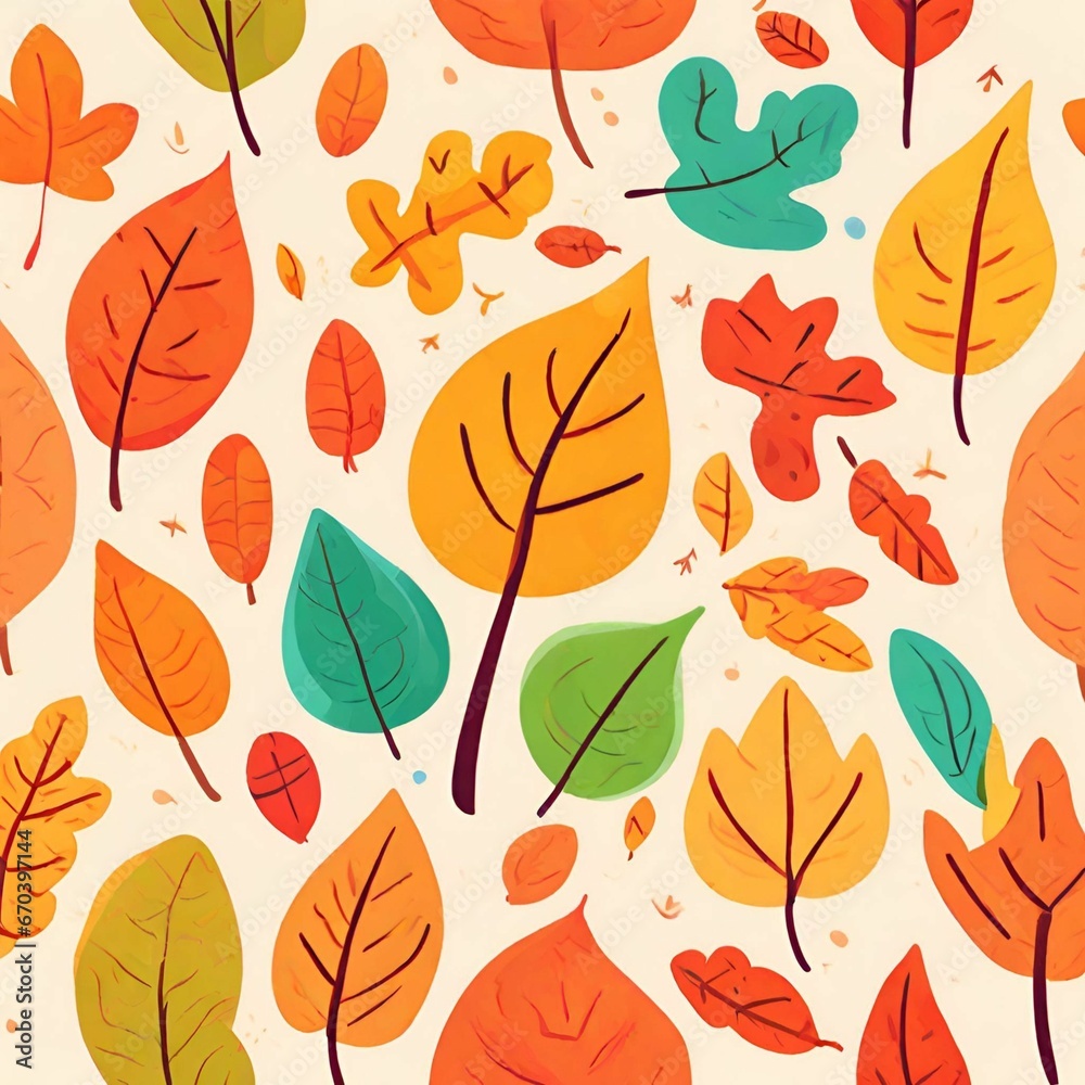 Autumn leaves pattern. Falling leaf seamless background with Oak, maple, chestnut, linden, aspen, walnut and rowan foliage in cartoon style. Autumn mood forest print, generative AI