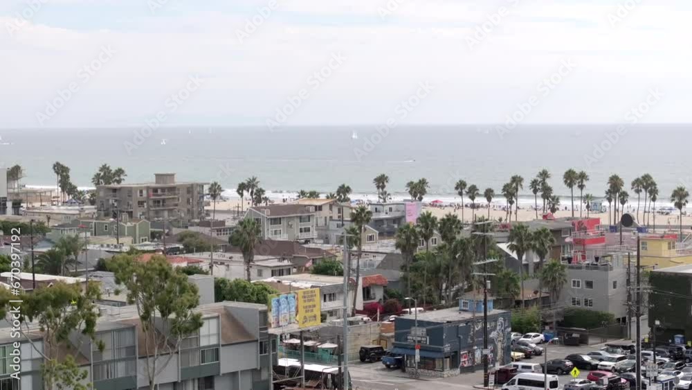 Venice Beach and neighborhood in Los Angeles, Drone shot rising on a overcast day Venice Beach and neighborhood in Los Angeles, Drone shot rising on a overcast day