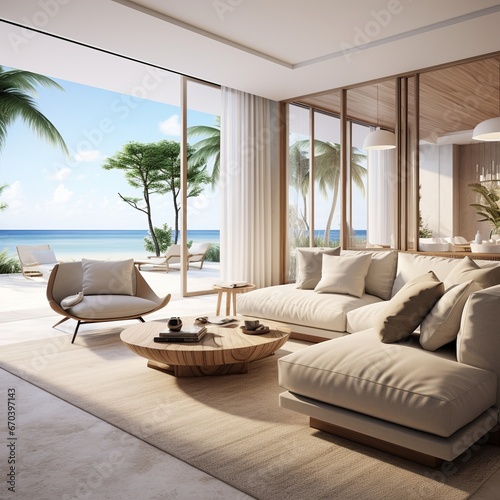 illustration of Photorealistic rendering of a living room in beach, Generative ai © rajesh