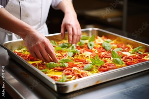 hand into a tray of freshly baked lasagna