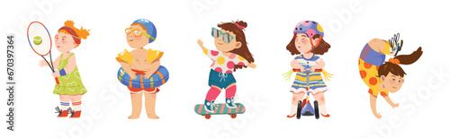 Happy Children Doing Sport Physical Activity Vector Set