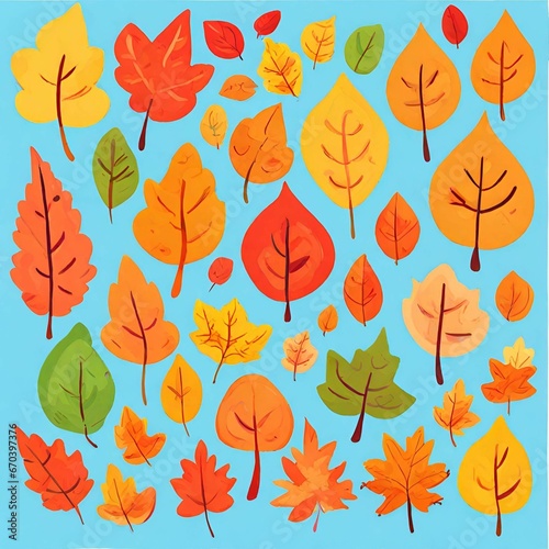 Autumn leaves pattern. Falling leaf seamless background with Oak  maple  chestnut  linden  aspen  walnut and rowan foliage in cartoon style. Autumn mood forest print  generative AI