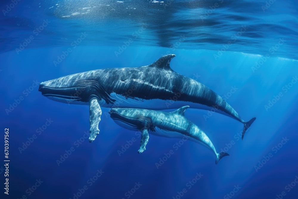 Fototapeta premium whale and her calf swimming