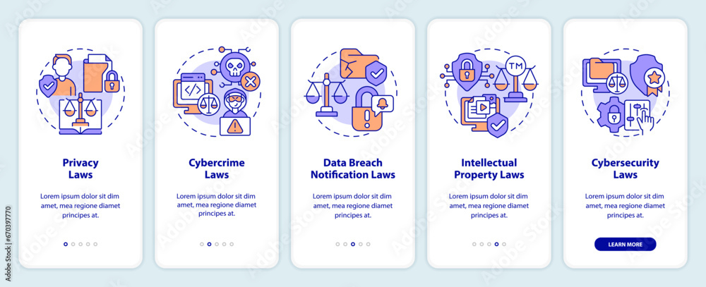 2D icons representing cyber law mobile app screen set. Walkthrough 5 steps colorful graphic instructions with thin line icons concept, UI, UX, GUI template. 2D icons representing cyber law mobile app screen set. Walkthrough 5 steps colorful graphic instructions with thin line icons concept, UI, UX, GUI template.