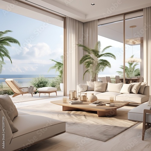 illustration of Photorealistic rendering of a living room in beach  Generative ai