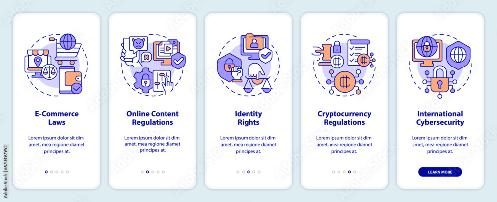 2D icons representing cyber law mobile app screen set. Walkthrough 5 steps multicolor graphic instructions with thin line icons concept, UI, UX, GUI template.
