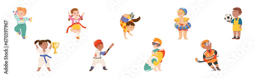Happy Children Doing Sport Physical Activity Vector Set