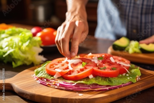 placing a tomato slice on a tostada