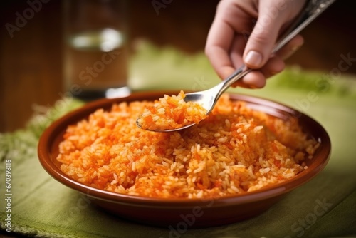 a serving spoon in hand, poised over a bed of mexican rice