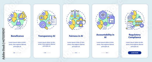 2D icons representing cyber law mobile app screen set. Walkthrough 5 steps colorful graphic instructions with line icons concept, UI, UX, GUI template.