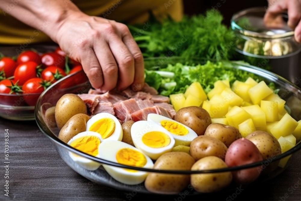 adding boiled potatoes to a nicoise salad with a hand adding boiled potatoes to a nicoise salad with a hand