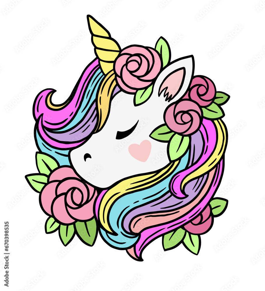 Fototapeta premium Illustration of cute white unicorn with rainbow mane and rose flowers. Vector print for kids book, print, greeting card, t-shirt