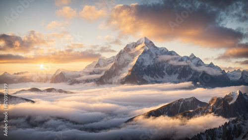 Mountain peak at sunrise, A majestic mountain peak with a golden sunrise breaking through the clouds, captures the breathtaking beauty of snow-capped peaks and a vibrant sky, generative Ai © Jo
