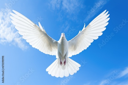 a white dove flying alone in bright blue skies
