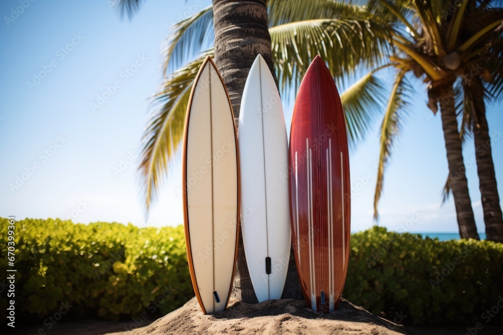 two surfboards leaning against a palm tree