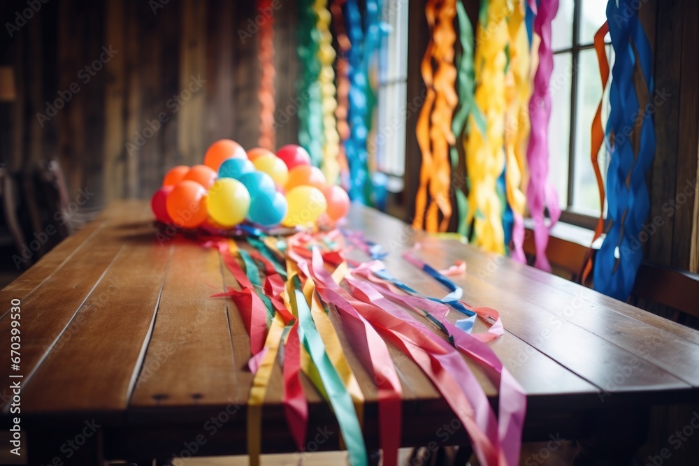 rainbow-colored party streamers on a rustic table