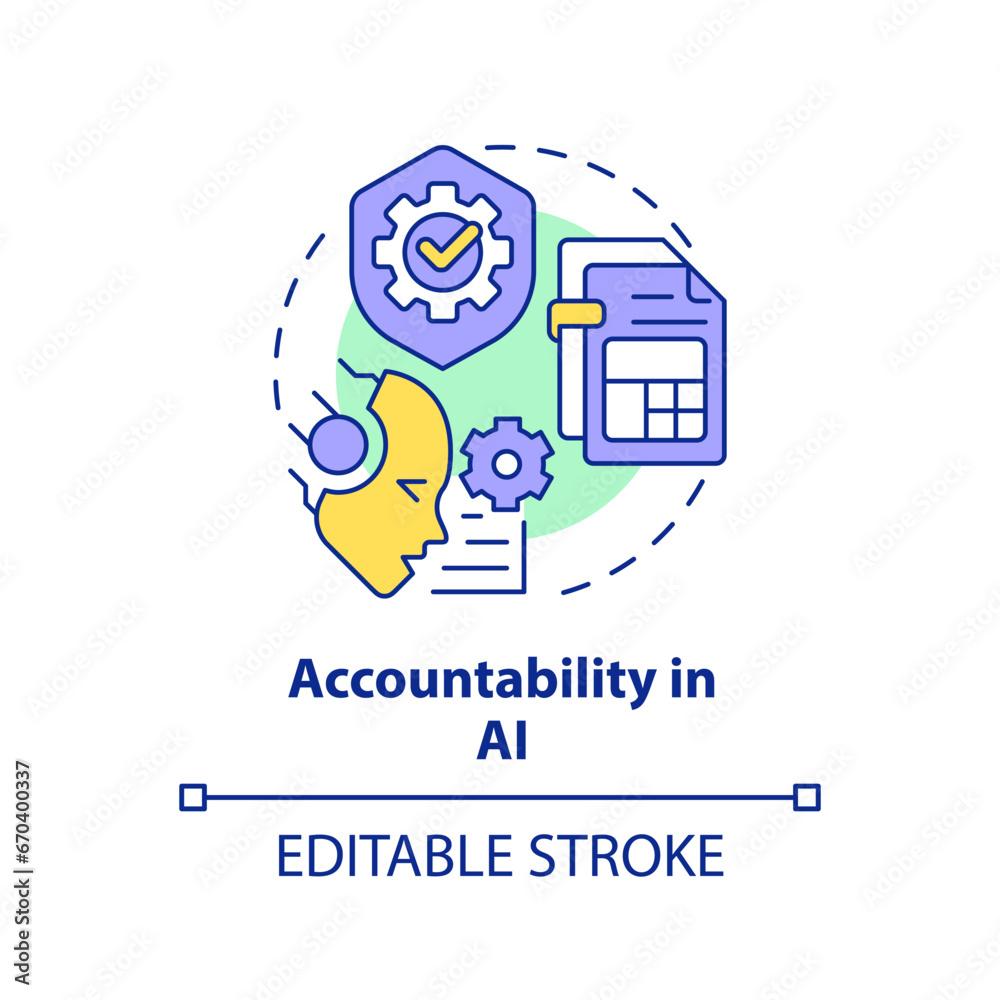 2D editable multicolor accountability in AI icon, simple isolated vector, cyber law thin line illustration. 2D editable multicolor accountability in AI icon, simple isolated vector, cyber law thin line illustration.