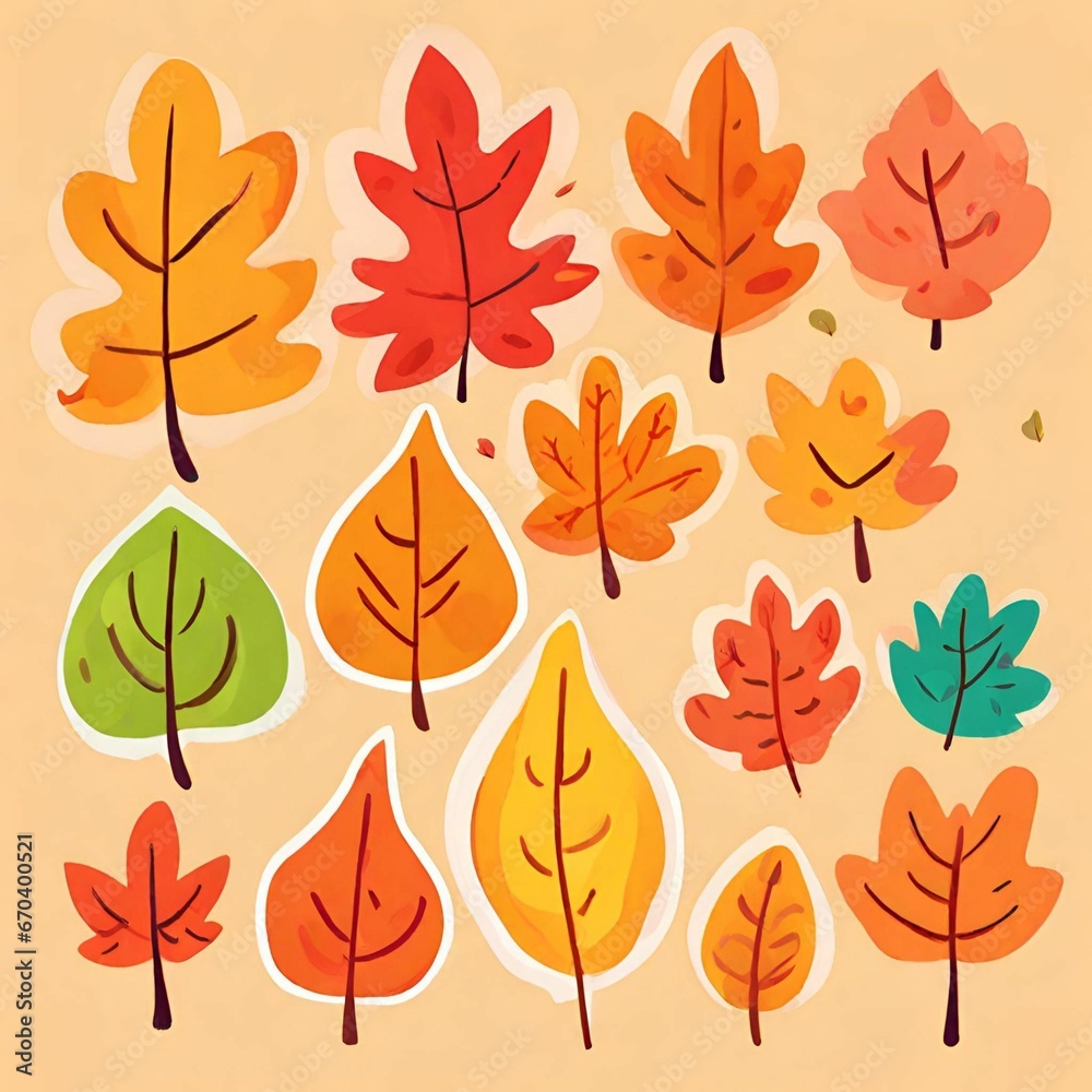 Autumn leaves pattern. Falling leaf seamless background with Oak, maple, chestnut, linden, aspen, walnut and rowan foliage in cartoon style. Autumn mood forest print, generative AI