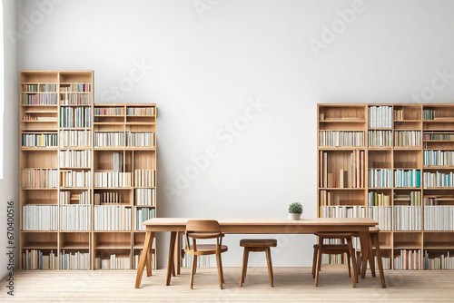 Good mock up for product. Reading room with empty wooden table, bookshelf, chair, books on wooden shelf books with white wall background. High quality photo