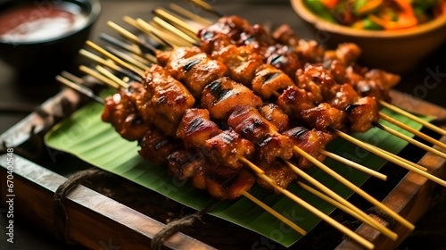 indonesian sate sticks made of chicken on mini presentation grill on restaurant table, delicious traditional food