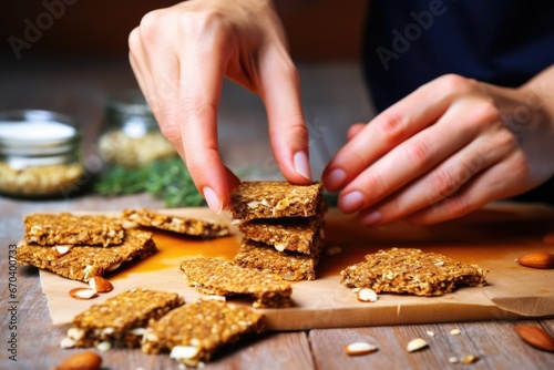 hand sandwiching almond butter between crackers photo