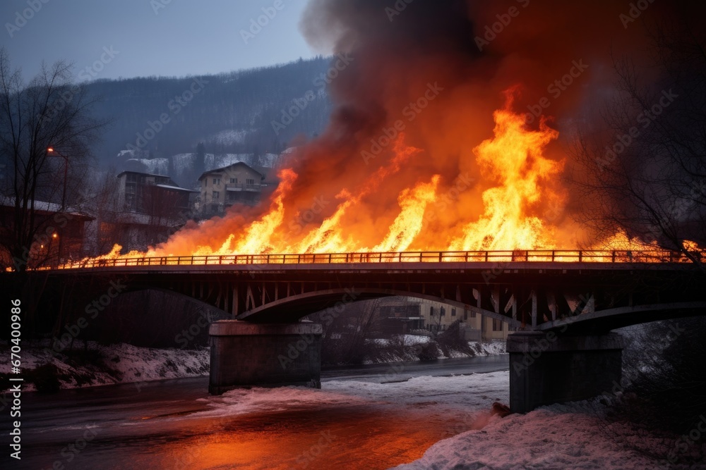 a burning bridge against a picturesque backdrop