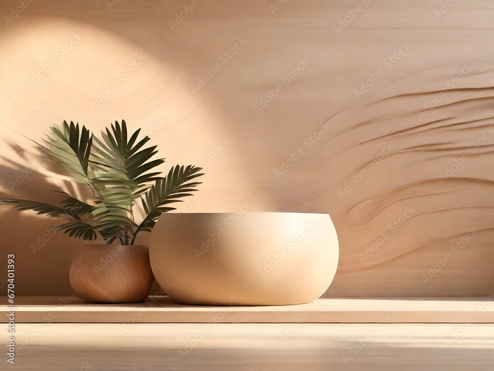 Blank brown wooden counter table in soft sunlight, leaf shadow on beige texture wallpaper wall for luxury organic cosmetic, skincare, beauty, body care, treatment product display background 3D