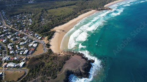 Seaside Village Of Emerald Beach Near Coffs Harbour In New South Wales, Australia. Aerial Shot