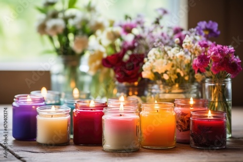 scented candles in glass jars arrayed across a table