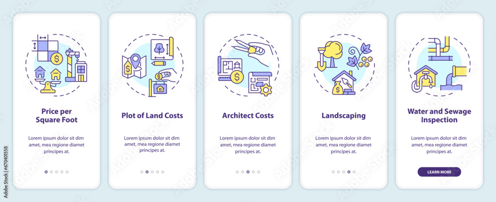 2D icons representing construction cost mobile app screen set. Walkthrough 5 steps multicolor graphic instructions with linear icons concept, UI, UX, GUI template.