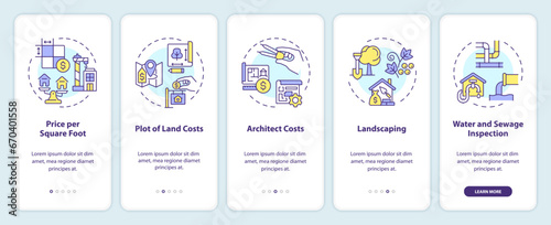2D icons representing construction cost mobile app screen set. Walkthrough 5 steps multicolor graphic instructions with linear icons concept, UI, UX, GUI template.