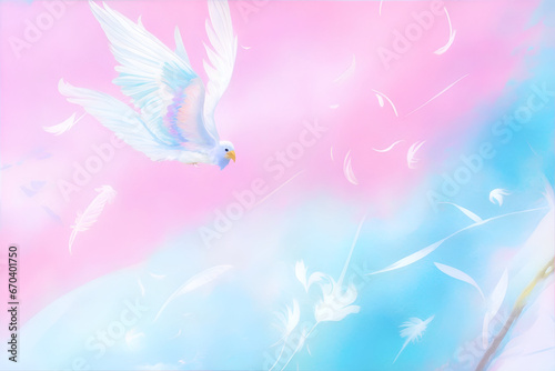 This image shows a close-up of pink and blue feathers on a pastel background. The feathers are soft and delicate
