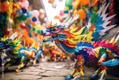 vibrant cultural festival with paper dragons in an asian city