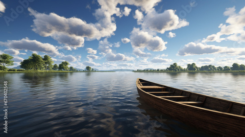 lake with a wooden rowboat