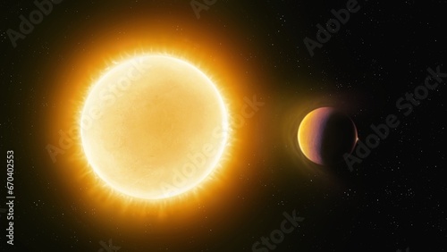 Sun-like star with a planet. An exoplanet approached the sun. Terrestrial planet in orbit around a yellow dwarf.